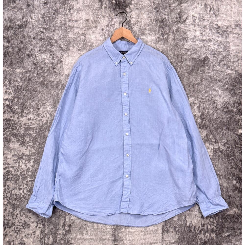 Polo Ralph Lauren Classic Fit 100% Linen Shirt XXL Mens Light Blue Long Sleeve - Picture 2 of 8